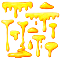 ensemble de gouttes de miel jaune vif, illustration de style dessin animé dessinée à la main sur fond blanc, aquarelle png