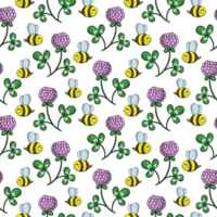 Bright print, a small bee collects honey and pink clover flowers, seamless square pattern png