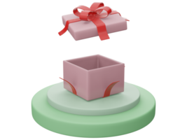 caja de regalo rosa abierta con cintas rojas en un soporte de círculo verde aislado. ilustración 3d render caja sorpresa abierta. icono de vector realista para presentación de cumpleaños o banners de boda2 png