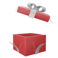 caja de regalo roja abierta con cinta blanca png transparente. ilustración 3d render caja sorpresa. icono de vector realista para banners de boda, presentación de cumpleaños o celebración