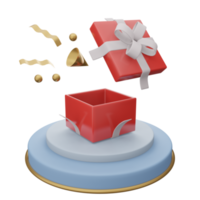 Opened red gift box with white ribbon on circle stand. png transparent 3d illustration render surprise box. Realistic vector icon for wedding banners, birthday presentation or celebrate