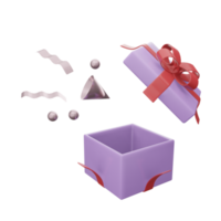lila geschenkbox geöffnet mit rotem band png transparent. 3D-Darstellung Render-Überraschungsbox. realistisches Vektorsymbol für Hochzeitsbanner, Geburtstagspräsentation oder Celebration2