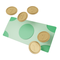 ilustração 3d de notas e moedas renderizam ícone realista. moeda de ouro em dinheiro e brilho para compras on-line e financeiras