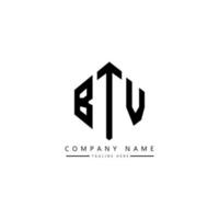 BTV letter logo design with polygon shape. BTV polygon and cube shape logo design. BTV hexagon vector logo template white and black colors. BTV monogram, business and real estate logo.