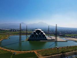 Bandung, Indonesia, 2022 - Beautiful aerial view, floating mosque on lake Gedebage-Bandung-West Java. photo