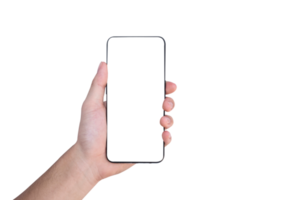 cerrar la mano derecha del hombre sosteniendo el teléfono inteligente con pantalla en blanco sobre fondo transparente png