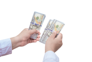 mano de hombre con camisa blanca contando billetes de dólar en fondo transparente png