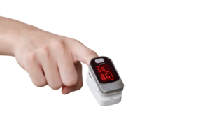 Focus at Pulse oximeter on index finger of young man hand on transparent background, Png file