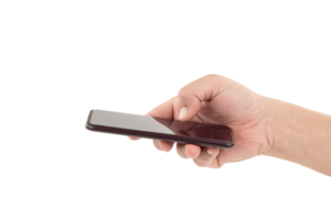 Man hand holding smartphone and using thumb touching smartphone screen on transparent background png