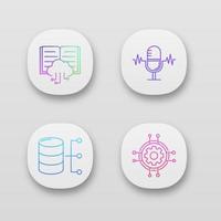 Machine learning app icons set. Voice recognition, cloud computing, relational database, digital settings. UI UX user interface. Web or mobile applications. Vector isolated illustrations