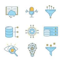conjunto de iconos de color de aprendizaje automático. inteligencia artificial. base de datos. ai. tecnología digital. ilustraciones de vectores aislados