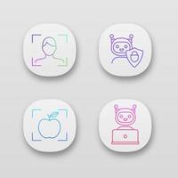 Machine learning app icons set. Facial recognition, secured chatbot, object detection app, chat bot. UI UX user interface. Web or mobile applications. Vector isolated illustrations