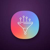 icono de la aplicación del sistema de filtrado y estructuración de datos. proceso de aprendizaje automático. interfaz de usuario ui ux. procesamiento de datos. embudo. recopilación de estadísticas. aplicación web o móvil. ilustración vectorial aislada vector