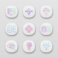 Machine learning app icons set. Artificial intelligence. Database. AI. Digital technology. UI UX user interface. Web or mobile applications. Vector isolated illustrations