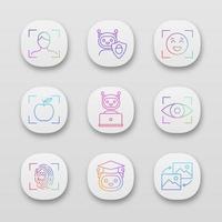 Machine learning app icons set. Artificial intelligence. Chatbot, face, retina, fingerprint identification. UI UX user interface. Web or mobile applications. Vector isolated illustrations