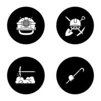 Construction tools glyph icons set. Mining. Safety helmet, mining emblem, pickaxe, crowbar in hand. Vector white silhouettes illustrations in black circles