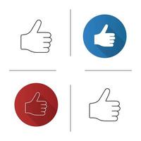 Thumbs up icon. Like hand gesture. Approval. Flat design, linear and color styles. Isolated vector illustrations