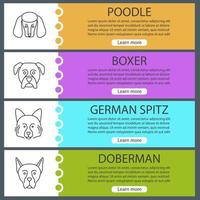 conjunto de plantillas de banner web de razas de perros. caniche, boxer, shpitz alemán, doberman. elementos del menú de color del sitio web con iconos lineales. conceptos de diseño de encabezados vectoriales vector