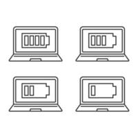 Laptop battery charging linear icons set. Computer high, low, middle charge. Notebook battery level indicator. Thin line contour symbols. Isolated vector outline illustrations. Editable stroke