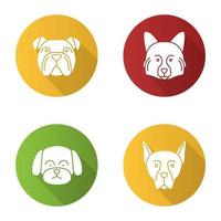 los perros crían el conjunto de iconos de glifo de sombra larga de diseño plano. bulldog inglés, spitz alemán, maltés, doberman pinscher.ilustración de silueta vectorial