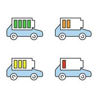 Electric car battery charging color icons set. Automobile battery level indicator. High, middle and low charge. Eco friendly auto. Isolated vector illustrations