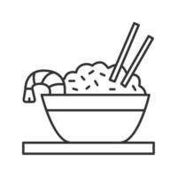 Rice with shrimps linear icon. Thin line illustration. Chinese fried rice in bowl and chopsticks. Contour symbol. Vector isolated outline drawing