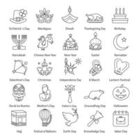 Holidays linear icons set. Seasonal holidays of different countries. Greeting card ideas. Thin line contour symbols. Isolated vector outline illustrations