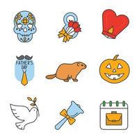 Holidays color icons set. Dia de los Muertos, March 8th, Lantern Festival, Father's, Groundhog, Labour, Knowledge, Earth Days, Halloween. Isolated vector illustrations