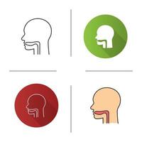 Oral cavity, pharynx and esophagus icon. Upper section of alimentary canal. Flat design, linear and color styles. Isolated vector illustrations