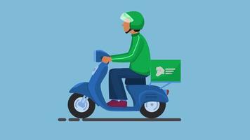 conceito de entrega de comida online com animação de motocicleta. um mensageiro de jaqueta verde e capacete entrega pedidos aos clientes video