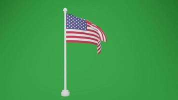 animação da bandeira dos eua em um poste. simples os estados unidos da américa acenando a bandeira sobre fundo verde. bandeira americana isolada.