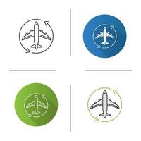 Flight transit icon. Circle arrow with airplane inside. Plane transfer. Flights management. Flat design, linear and color styles. Isolated vector illustrations