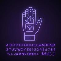 Human microchip implant in hand neon light icon. NFC implant. Implanted RFID transponder. Glowing sign with alphabet, numbers and symbols. Vector isolated illustration