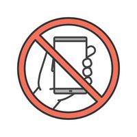 Forbidden sign with mobile phone color icon. No smartphone prohibition. Stop. Isolated vector illustration