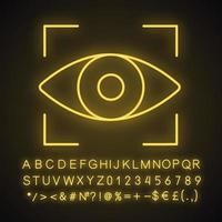 Retina scan neon light icon. Iris recognition. Eye scanning. Glowing sign with alphabet, numbers and symbols. Biometric identification. Optical recognition. Vector isolated illustration