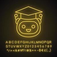 Machine learning neon light icon. Artificial intelligence. Glowing sign with alphabet, numbers and symbols. Teacher bot. Graduated robot. Chatbot. Bot in graduation hat. Vector isolated illustration