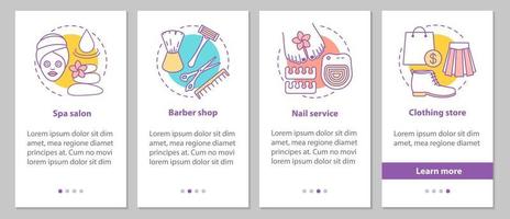 Beauty services onboarding mobile app page screen with linear concepts. Manicure, barbershop, spa salon, clothing store steps graphic instructions. UX, UI, GUI vector template with illustrations