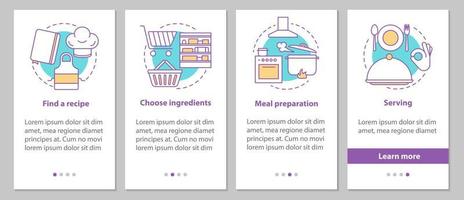 Catering onboarding mobile app page screen with linear concepts. Choosing recipes, ingredients, food preparation, serving steps graphic instructions. UX, UI, GUI vector template with illustrations
