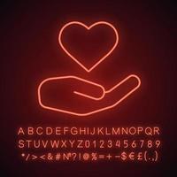 Charity neon light icon. Heart care. Valentine's Day. Glowing sign with alphabet, numbers and symbols. Vector isolated illustration