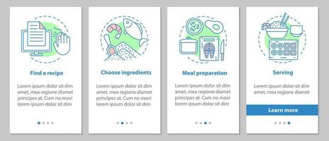 Catering onboarding mobile app page screen with linear concepts. Choosing recipes, ingredients, food preparation, serving steps graphic instructions. UX, UI, GUI vector template with illustrations