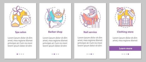 Beauty services onboarding mobile app page screen with linear concepts. Manicure, barbershop, spa salon, clothing store steps graphic instructions. UX, UI, GUI vector template with illustrations