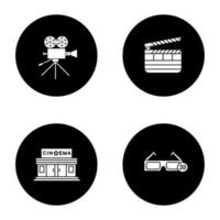Cinema glyph icons set. Movie camera, cinema building, 3D glasses, clapperboard. Vector white silhouettes illustrations in black circles