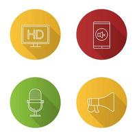 Cinema flat linear long shadow icons set. HD display, mute mode, microphone, megaphone. Vector outline illustration