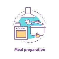 Food preparation concept icon. Kitchen. Cooking dinner. Cooker, exhaust hood, boiling stewpan. Vector isolated outline drawing