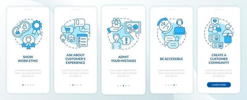 Customer service tips blue onboarding mobile app screen. Support ethic walkthrough 5 steps graphic instructions pages with linear concepts. UI, UX, GUI template