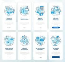 Good customer support blue onboarding mobile app screen set. Walkthrough 5 steps graphic instructions pages with linear concepts. UI, UX, GUI template vector