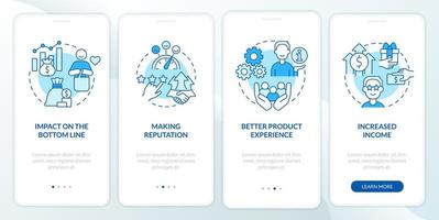 Benefits of customer service blue onboarding mobile app screen. Walkthrough 4 steps graphic instructions pages with linear concepts. UI, UX, GUI template vector