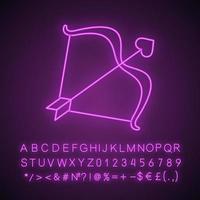 Cupid's bow and arrow neon light icon. Valentine's Day. Glowing sign with alphabet, numbers and symbols. Vector isolated illustration