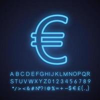 Euro sign neon light icon. European union currency. Glowing sign with alphabet, numbers and symbols. Vector isolated illustration