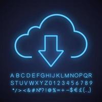 Cloud storage files download neon light icon. Cloud computing. Glowing sign with alphabet, numbers and symbols. Vector isolated illustration